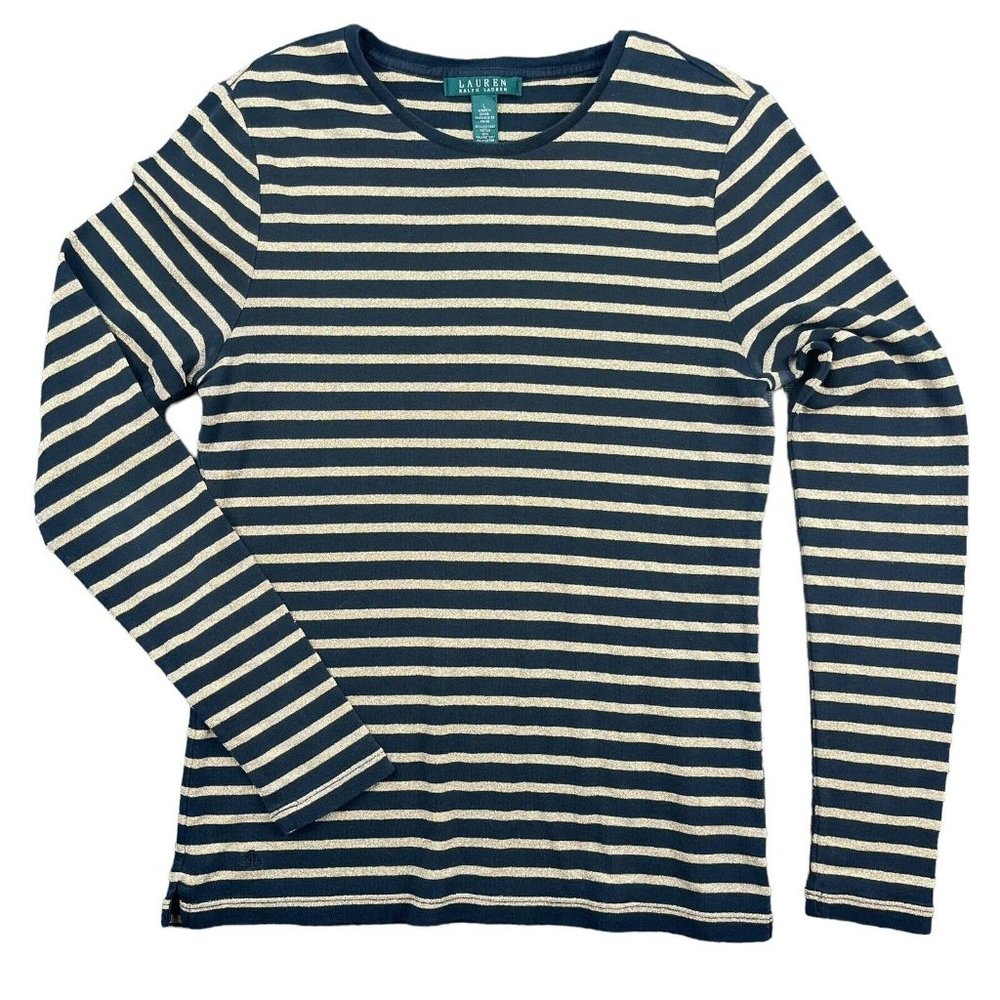 Lauren Ralph Lauren Shirt Black Gold Metallic Striped Long Sleeve Women's Size L